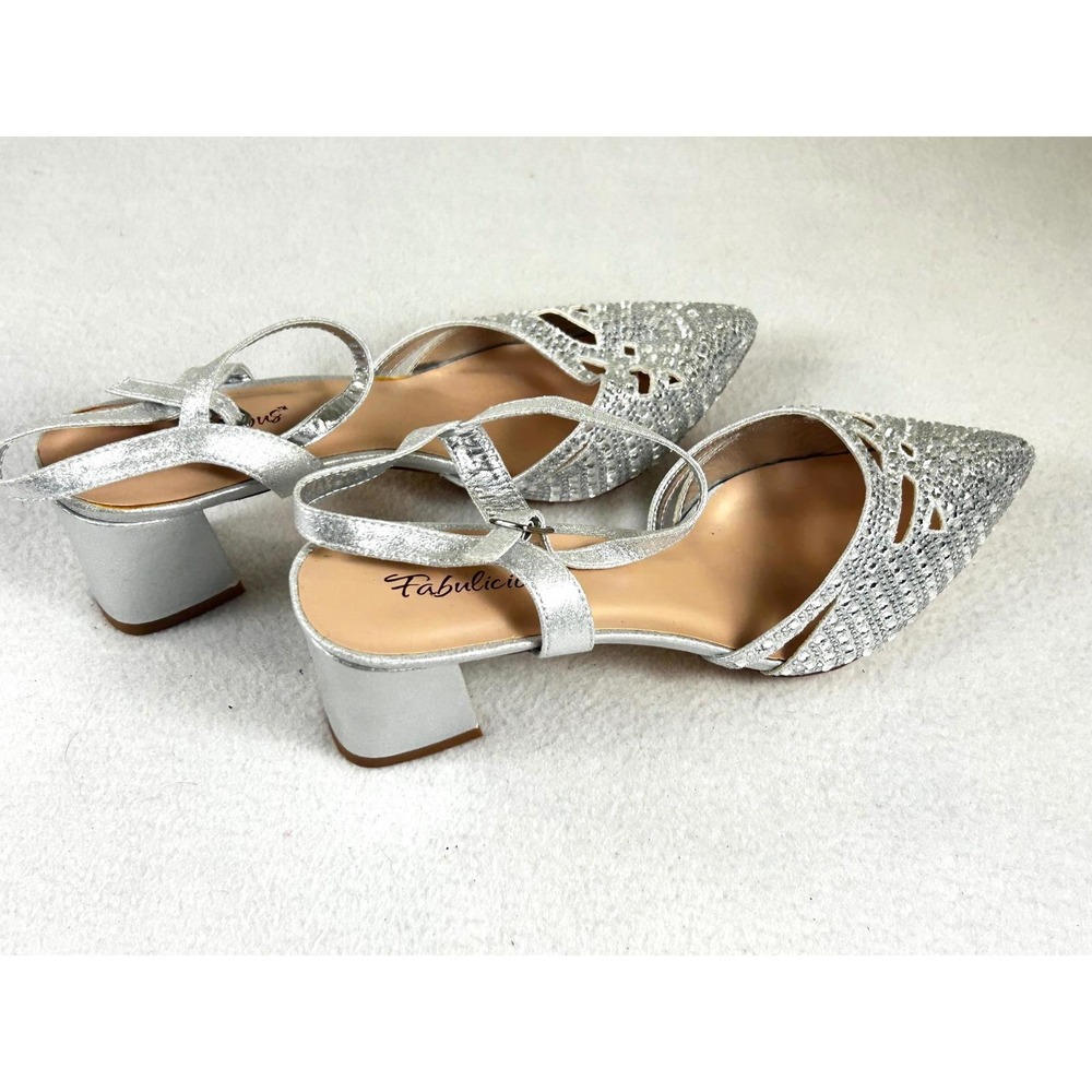 Fabulicious Silver Glitter Low Block Heel Slingback